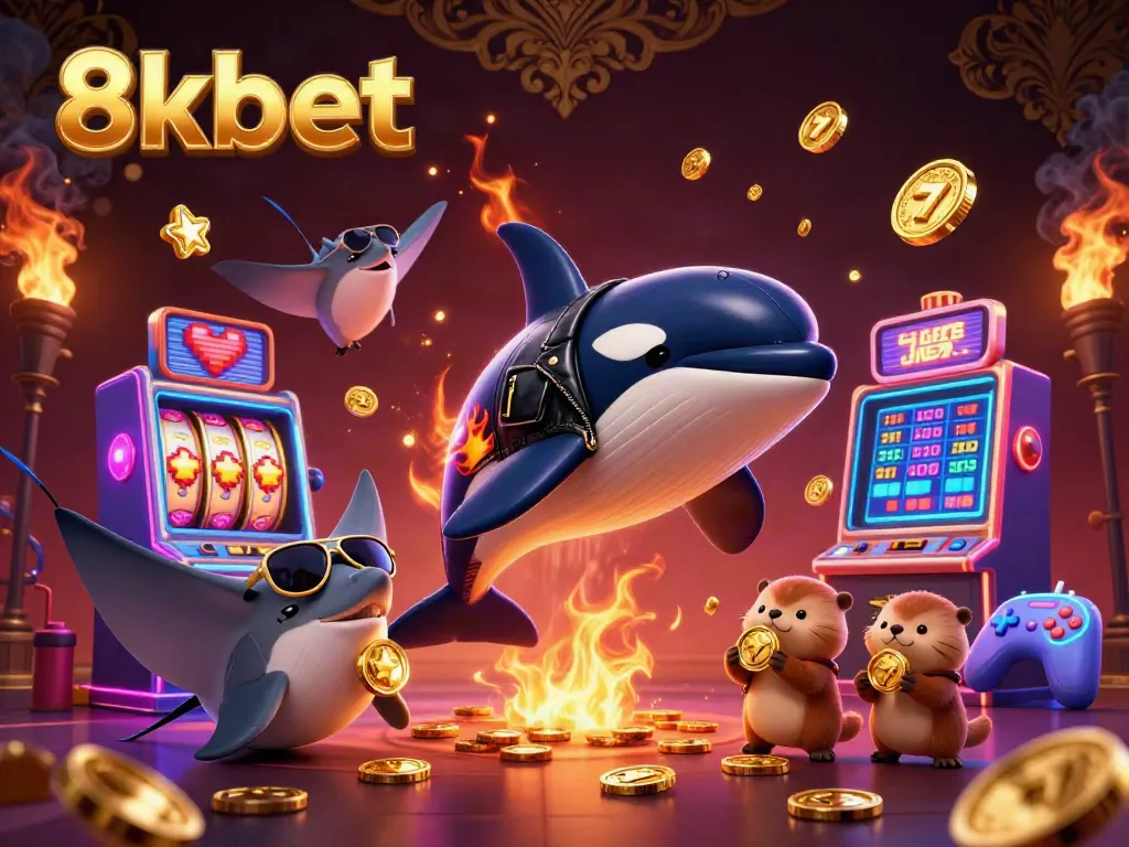 Play thrilling games with 8kbet as you encounter a lively scene featuring orcas, stingrays, and otters.
