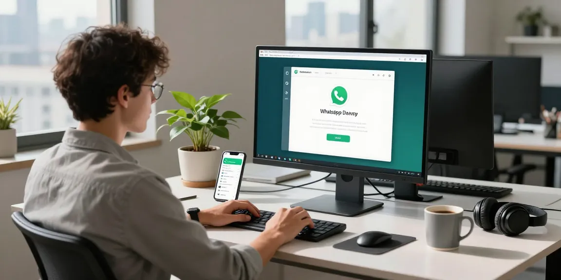 Using WhatsApp電腦版 on a desktop in a modern home office setting, showcasing productivity and technology.