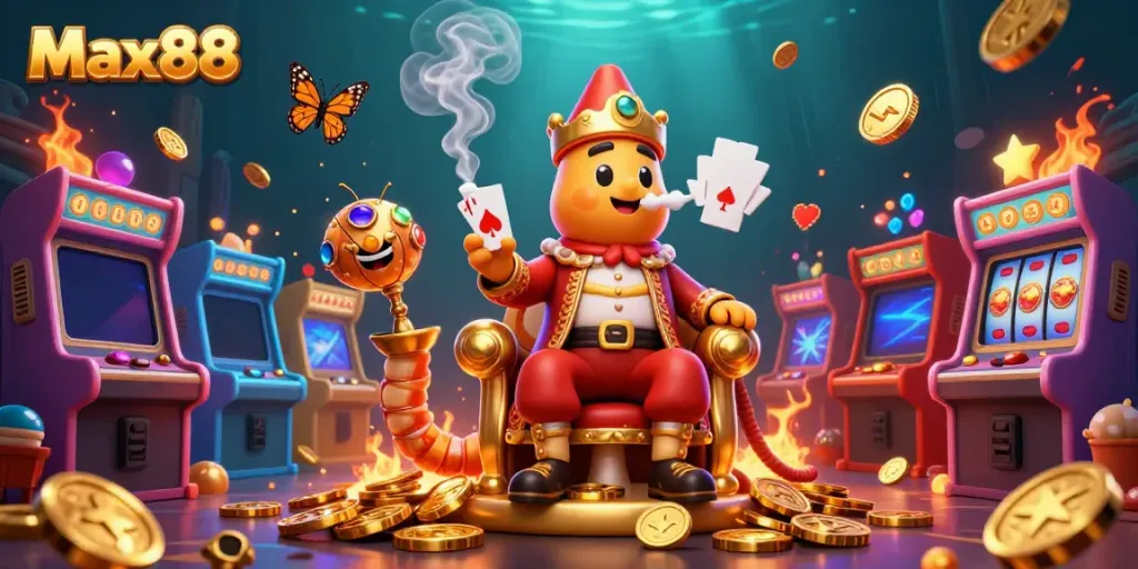 Experience engaging casino gameplay with Max88's vibrant 3D illustration featuring slots, character themes, and dynamic game elements.