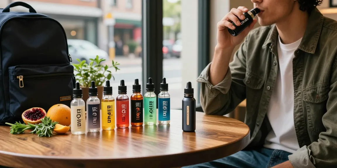 Vaper enjoying Elfbar Elfliq liquid with assorted flavors in an urban setting.