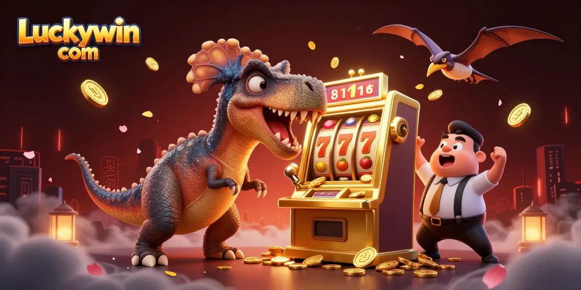 Watch Luckywin com’s pachycephalosaurus hitting a slot machine for jackpots amid vibrant casino chaos.