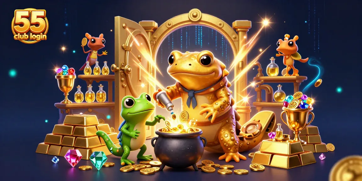 Join the 55 club login adventure with vibrant gold coins and enchanting treasures.