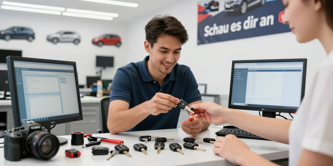 Schau es dir an: Fachmann für Autoschlüssel zeigt Ersatzlösungen im modernen Werkstattumfeld.