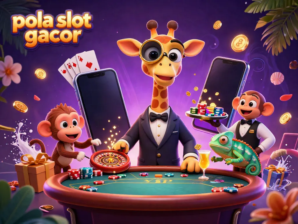 Ilustrasi pola slot gacor menampilkan karakter unik dan elemen kasino dengan efek warna cerah