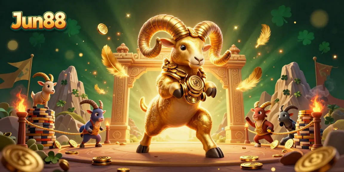 Engage in high-stakes battles at Jun88 with the golden ram charging through the gaming gates.
