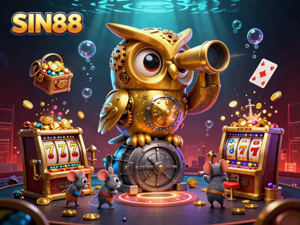 SIN88 showcases an exhilarating 3D casino scene featuring a golden owl and lively mouse patrons amidst vibrant slot machines.