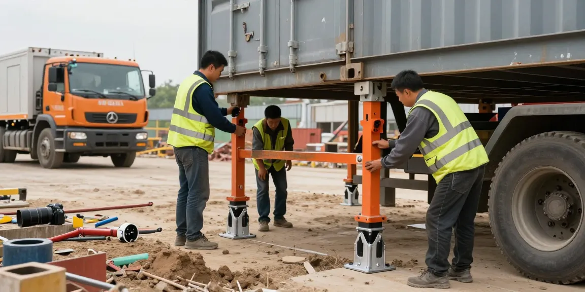 Installation von höhenverstellbaren Containerfüßen auf einer Baustelle für Stabilität.