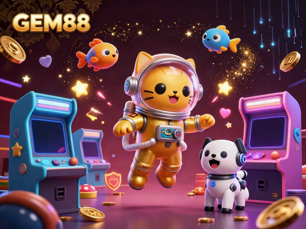 Experience GEM88's vibrant gaming universe with an astronaut cat and robot dog among colorful gaming elements.