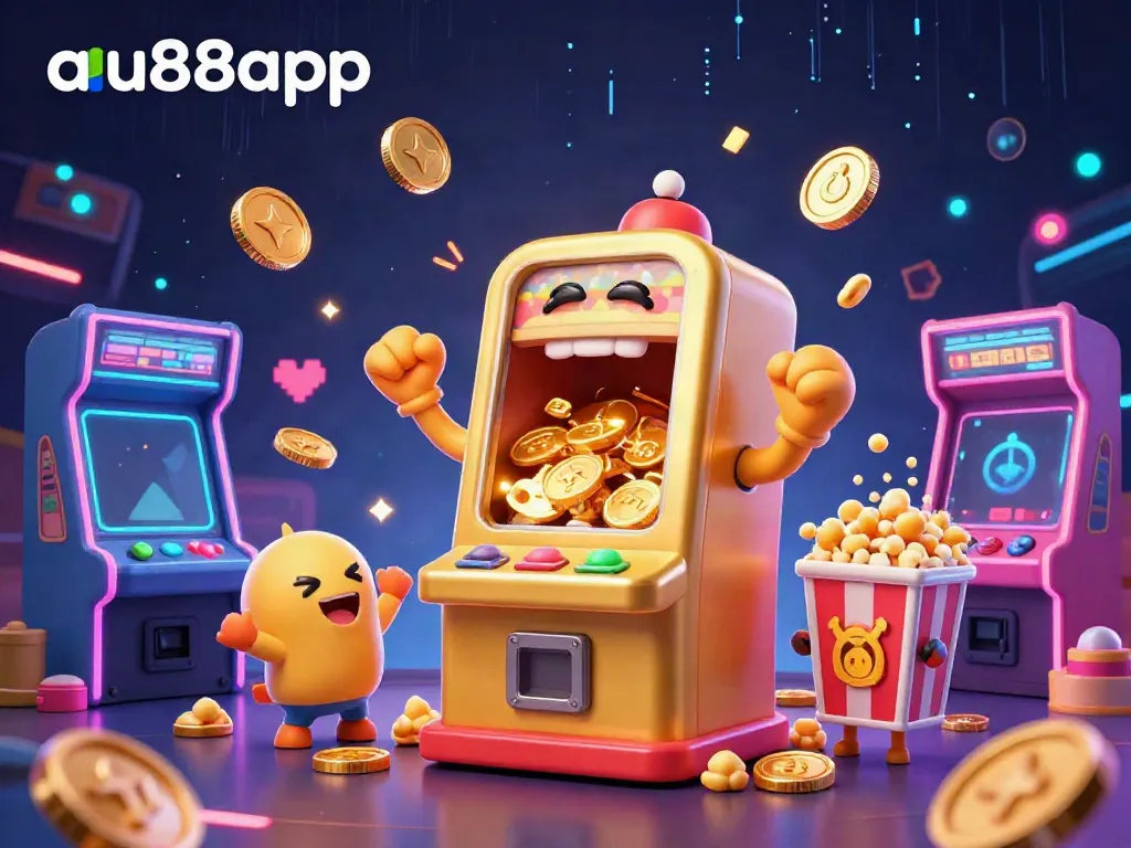 Celebrate the jackpot at au88app with a golden slot machine and cheering baby slots amidst a lively casino backdrop.