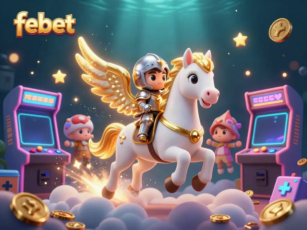 Experience winning at febet with an exciting colorful casino scene featuring a celestial horse and arcade elements.