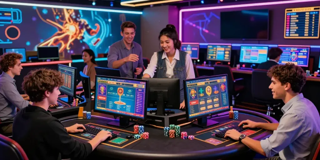 A diverse group enjoying an immersive live gaming experience on h19gene com in a modern virtual casino environment.