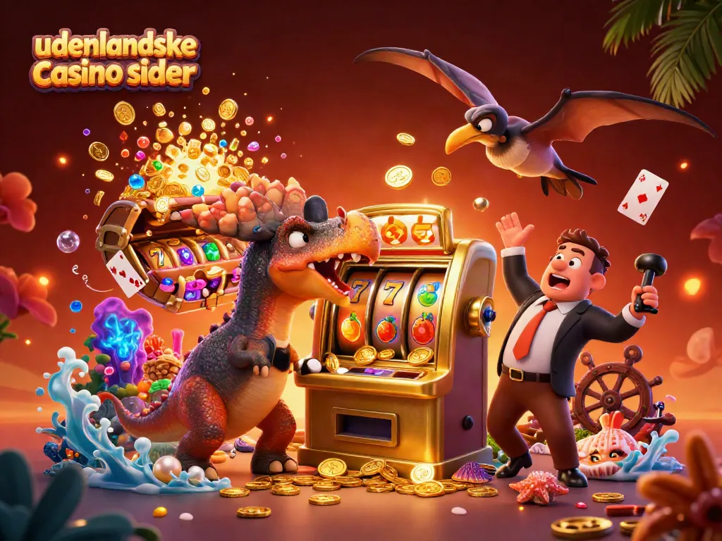 Experience thrilling action at udenlandske casino sider as characters interact with slot machines and flying coins.