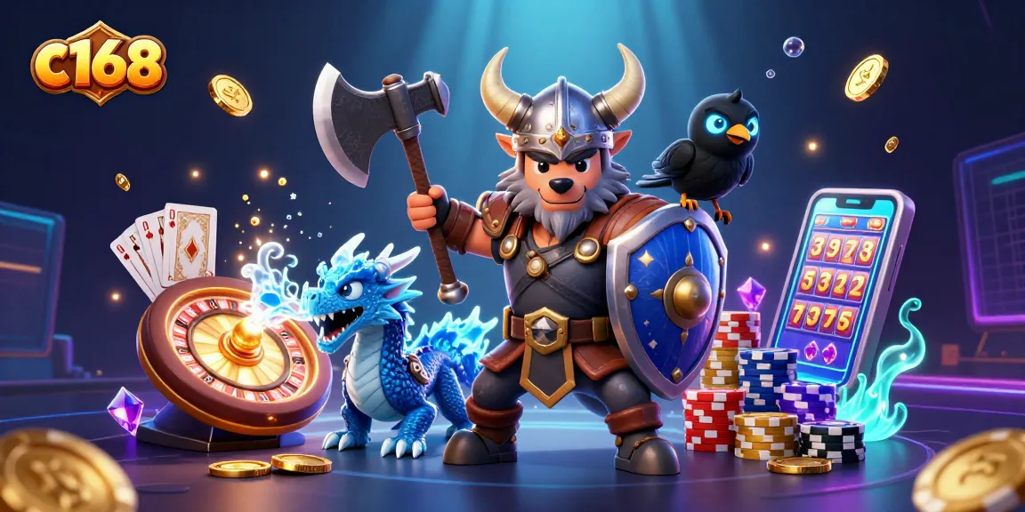 C168 Viking warrior conquering the casino world with dynamic game elements and vibrant details.