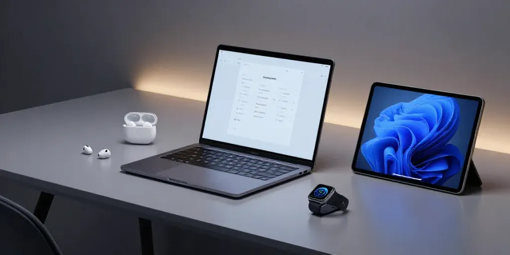 Futuristische Gadgets wie Smartphone, Smartwatch und Tablets auf einem modernen Schreibtisch in einem innovativen Tech-Umfeld.