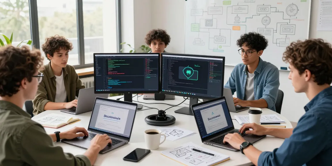 Diverse developers collaborating on Web3 projects in a modern tech workspace with laptops and blockchain interfaces.