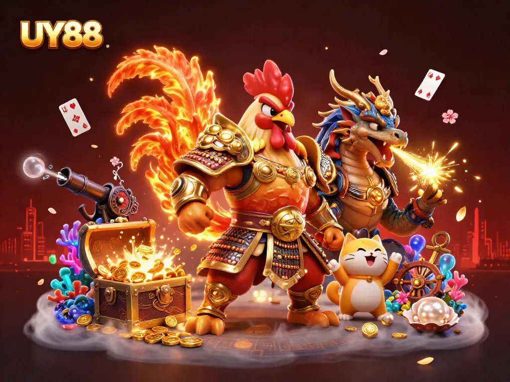 Engage with UY88's thrilling gaming adventure featuring a warrior rooster, armored dragon, and wealth.