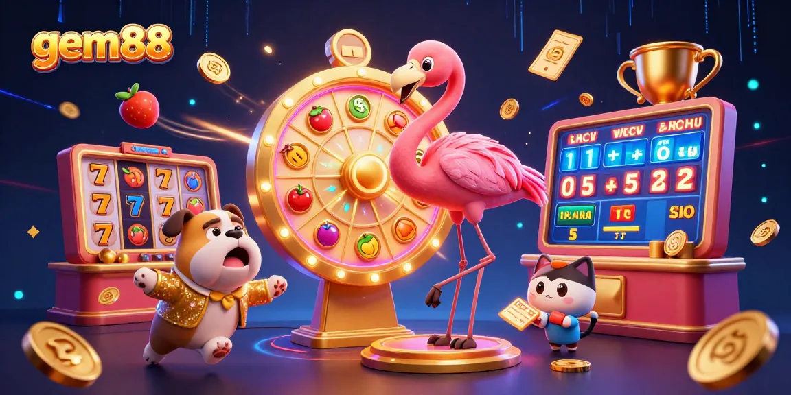Spin the giant prize wheel at gem88 with cartoon characters in a lively casino scene.