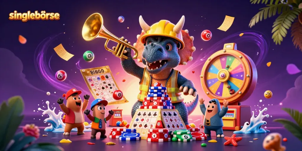 Experience the excitement of singlebörse with joyful dinosaur characters amidst dynamic lottery elements.