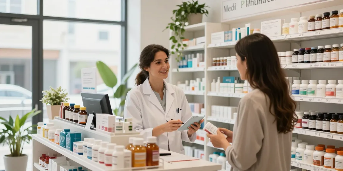 Medi Pharma Shop mit einem Apotheker, der einem Kunden in einer modernen Wellness-Apotheke hilft.