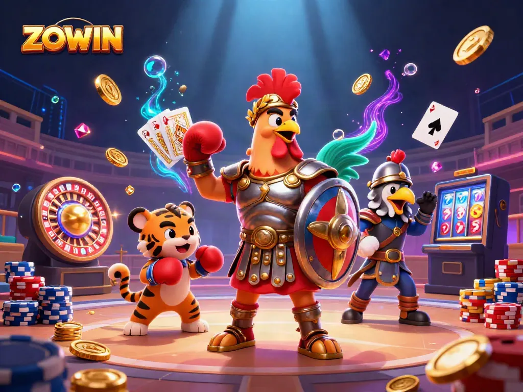 Experience the thrill of ZOWIN with a vibrant casino scene featuring unique characters and dynamic game elements.