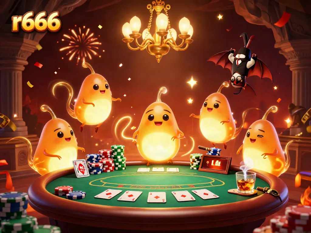 Experience the vibrant world of r666 in this lively cave casino scene featuring glowworms and poker elements.