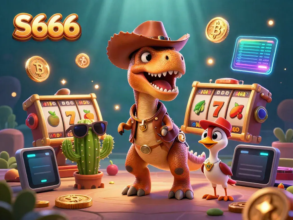 S666 engages players in vibrant slots action with T-Rex and friends in a dynamic casino scene.
