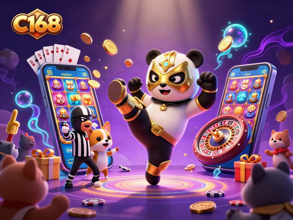 Hòa mình vào C168 khi ngắm nhìn chú gấu trúc đô vật đang biểu diễn cú đá ở một sòng casino năng động.