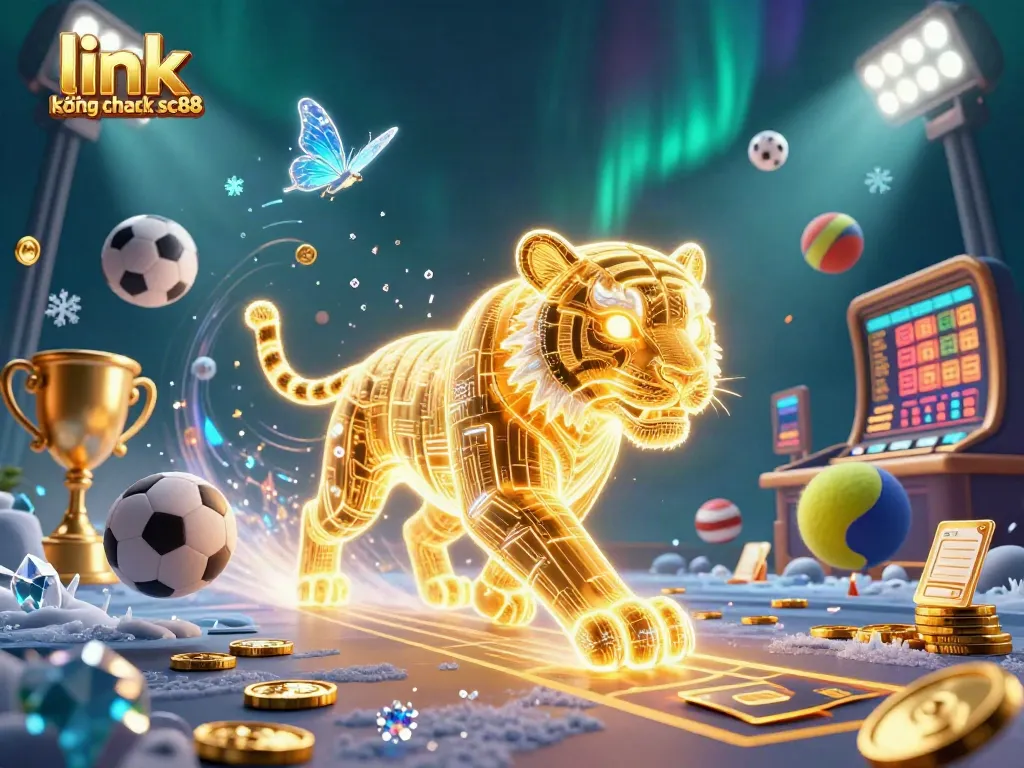 Experience link không chặn sc88 through a vibrant digital casino scene with a neon tiger and sports elements.