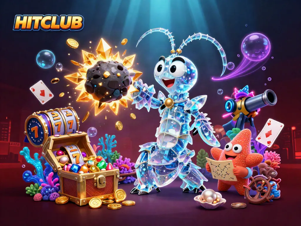 Engage with HITCLUB's dynamic 3D illustration showcasing galactic characters and vibrant casino elements.