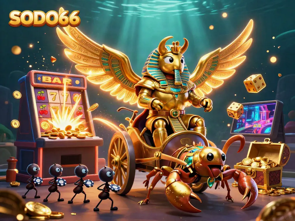 Engage with SODO66's vibrant casino scene featuring a pharaoh beetle chariot racing through a jackpot explosion.