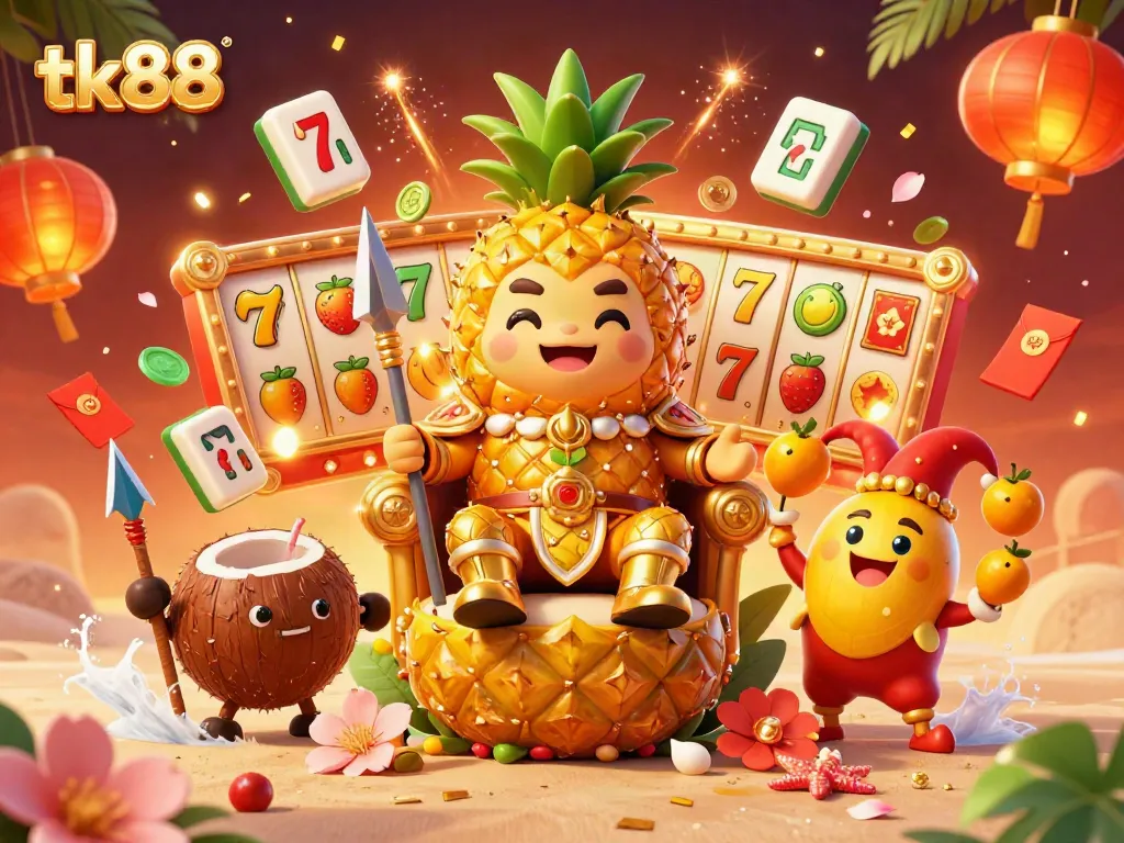 tk88's golden pineapple king commands the excitement at a vibrant beach casino, surrounded by lively slot elements.