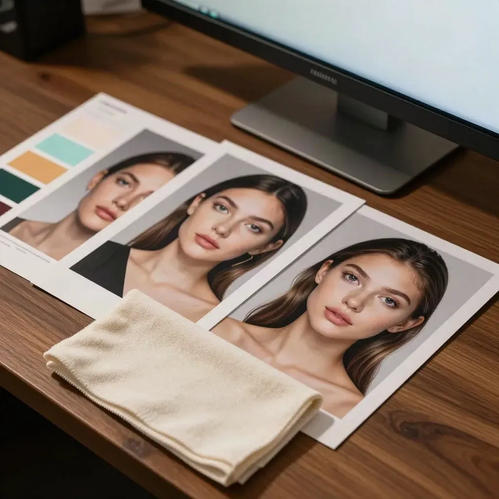 Retuschierte Porträtprints, Farbfächer und Kalibrierstreifen auf einem Studiotisch.