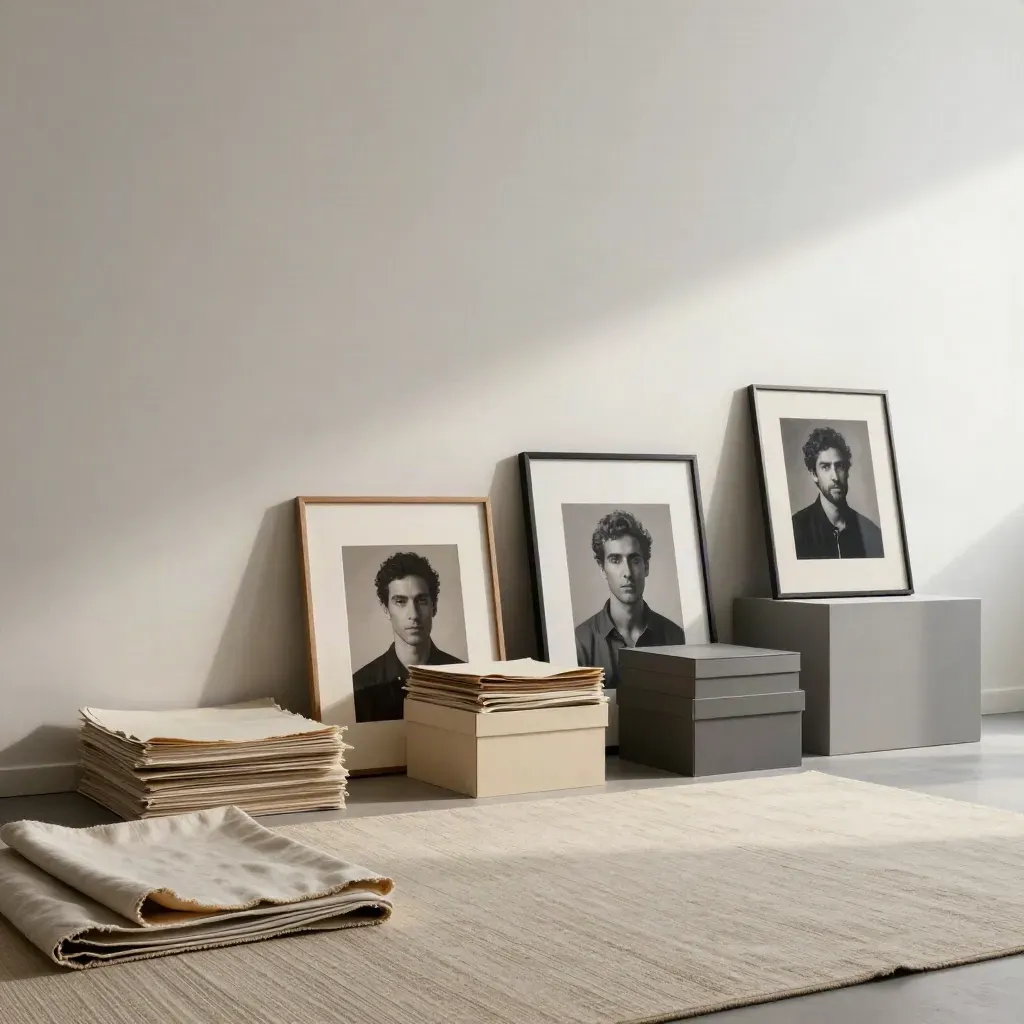 Portraitstudio mit Leinwand, Bildfolien und Archivboxen im dramatischen Morgenlicht.