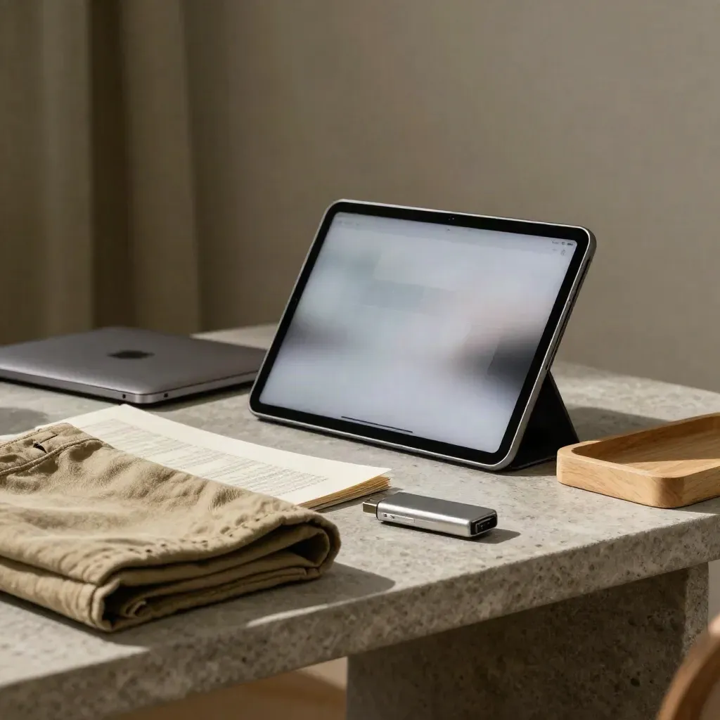 Tablet, Laptop, Printmappe und USB-Stick auf einer warmgrauen Konsole im Licht.