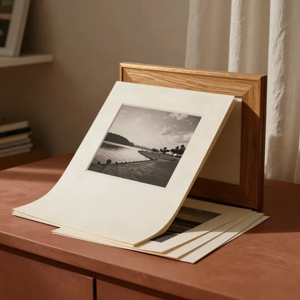 Gestapelte Fotodrucke mit Passepartout und Holzrahmen auf terrakottafarbenem Tisch.