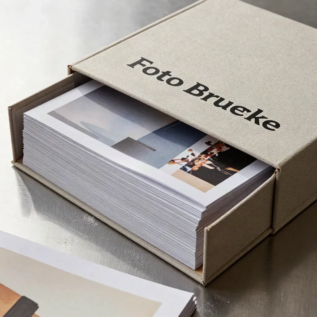 Offene Portfoliomappe mit Berichtsspreads und Versandhülle auf hellem Steinsockel