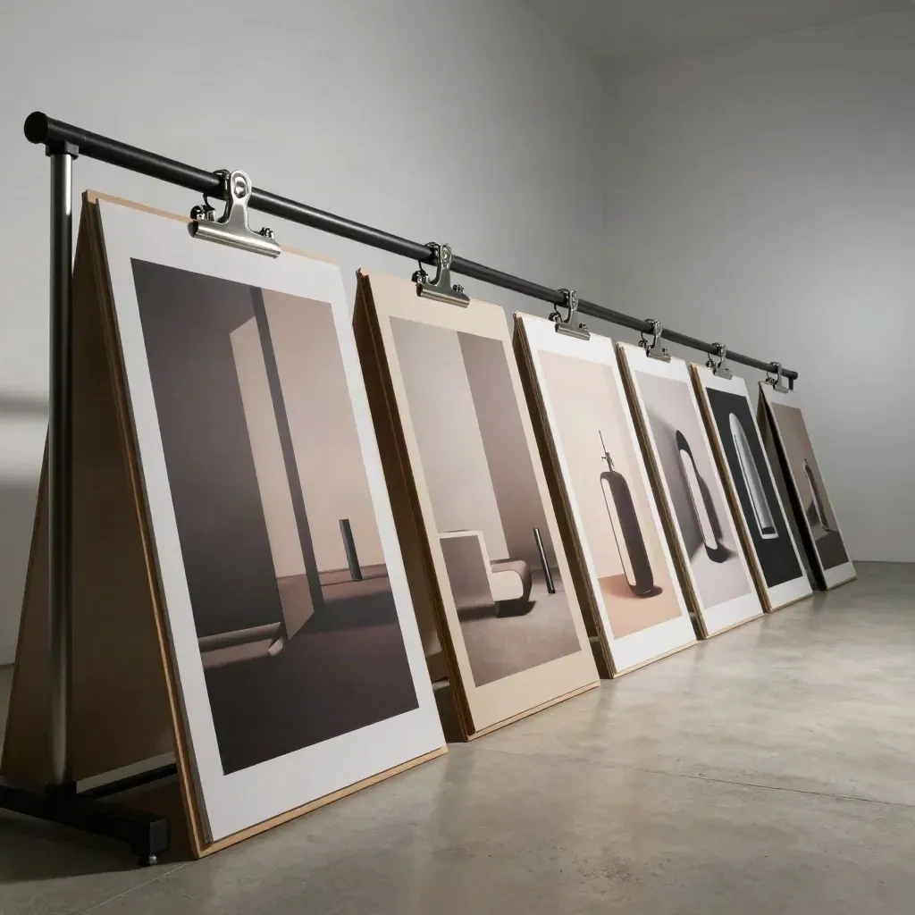 Niedrige Ansicht auf eine Bahn fertiger Kampagnenprints mit Proofboards im dramatischen Studiolicht.