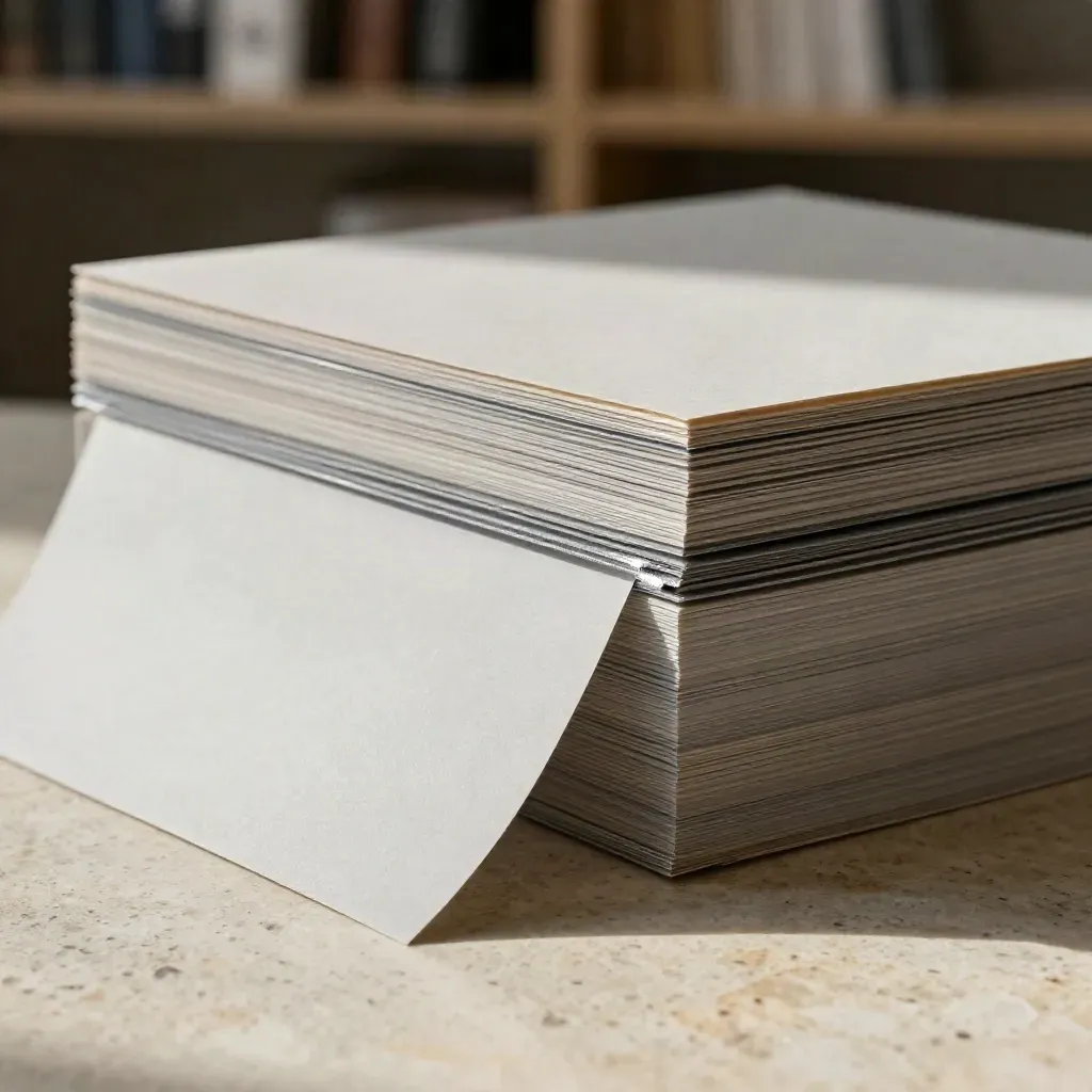 Archivalhüllen, Graukarte und Klammern auf Travertin mit feiner Papierstruktur.