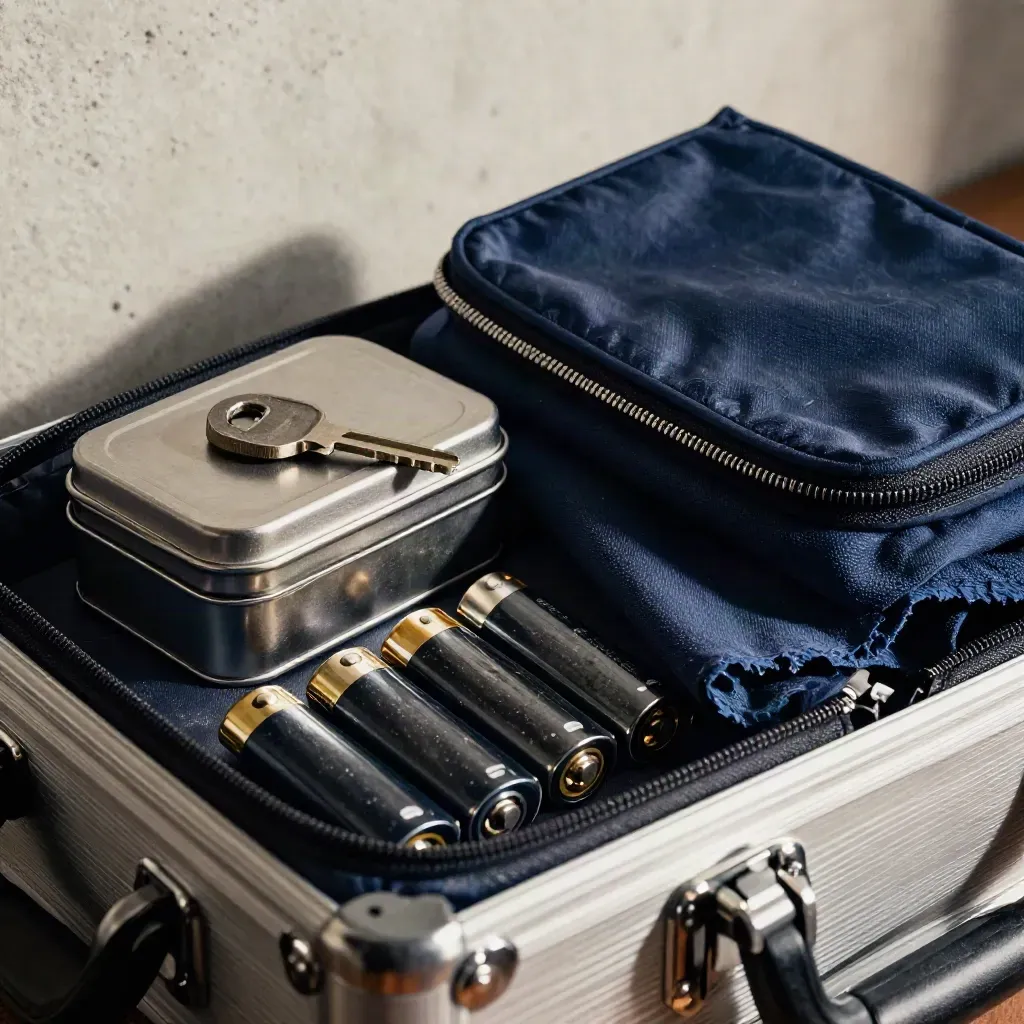Offenes Event-Kit mit Speicherkarten, Akkus, Schutzhülle und Mikrofasertuch im dramatischen Licht