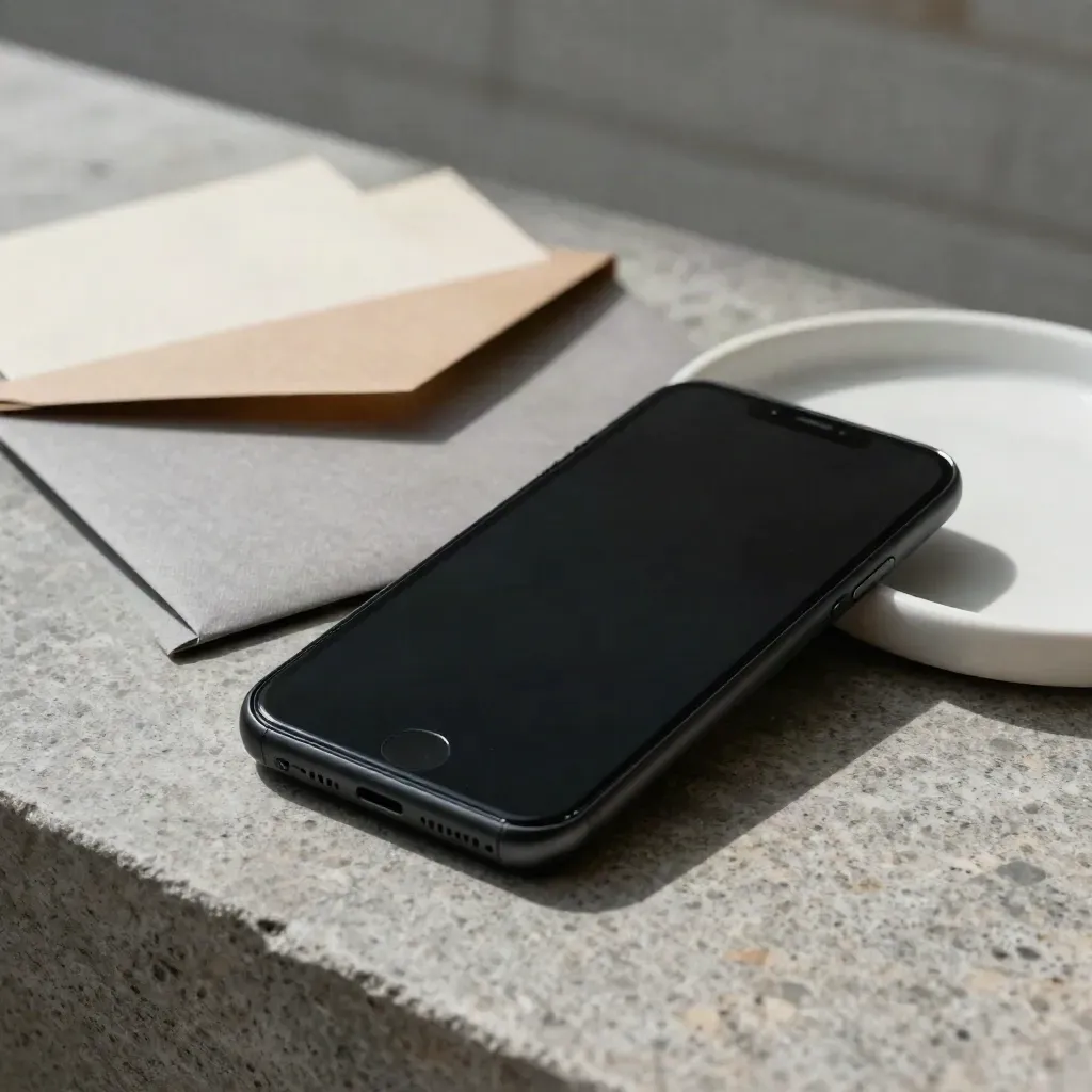 Nahaufnahme eines Anfragesets mit Handy, Umschlag, Notizbuch und Keramikschale auf Stein.