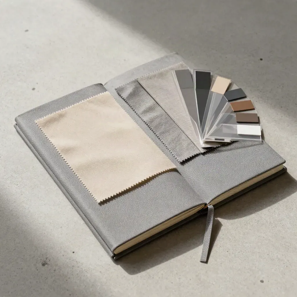 Stoffmuster, Farbchips und ein geschlossenes Notizbuch auf hellem Beton, von oben fotografiert