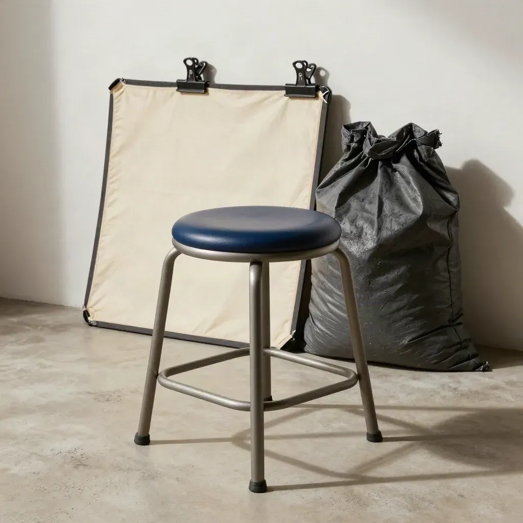Porträtstuhl, Diffusor und Sandsack auf Studioboden im schrägen Tageslicht.