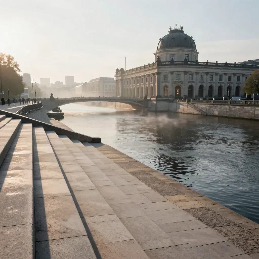 Museum Island und Spreeufer im Morgennebel, weite Stadtansicht mit Wasser und Steinterrassen.
