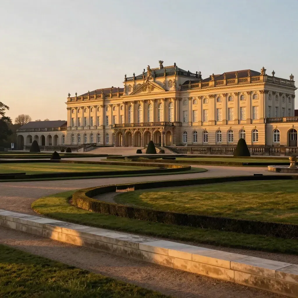 Sanssouci-Palast im goldenen Abendlicht über den Terrassengärten, Potsdam