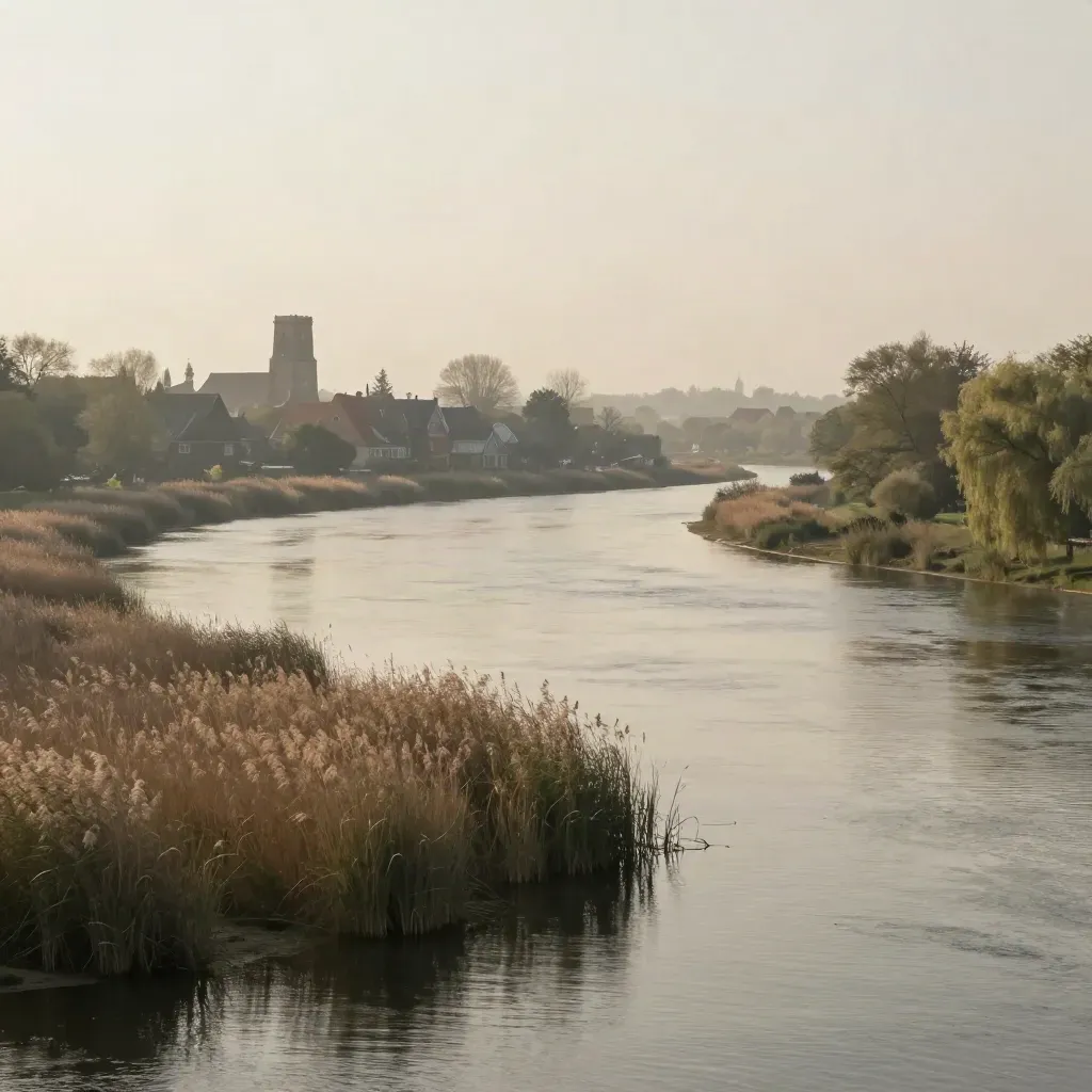 Havelkurve mit Kirchturm und Uferhäusern im Sommerdunst, viel ruhige Wasserfläche