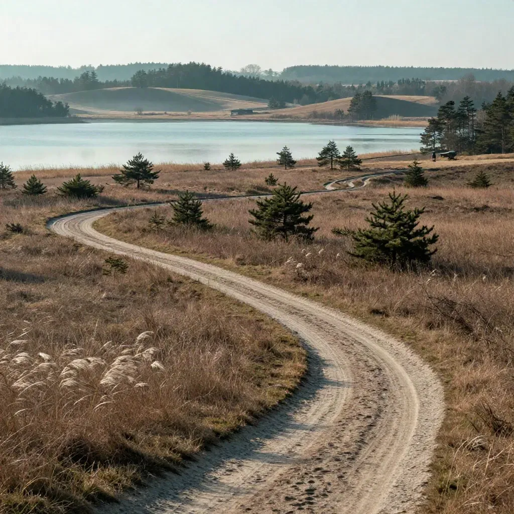 Weite Landschaft im Berliner Umland mit Kiefernfeldern, stillem See und hellem Sandweg im Morgenlicht.