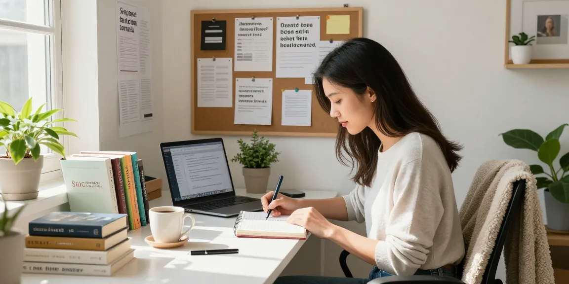 Eine Frau stärkt ihr Mindset im Home-Office, umgeben von Motivationsbüchern und einem Vision Board.