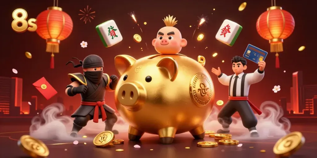 Experience the action of 8s with golden coins and vibrant characters in this casino-themed 3D illustration.