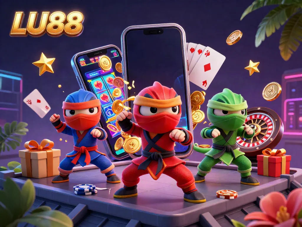 Experience LU88's thrilling action with chameleon ninjas in a vibrant casino-themed scene.