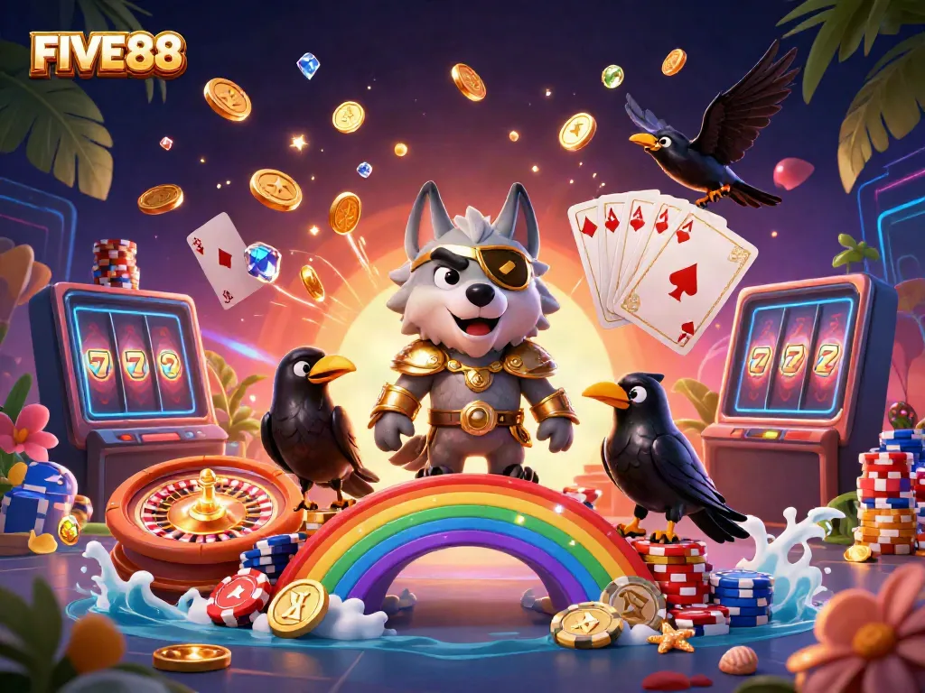 Engage with FIVE88's vibrant casino world through Norse-themed characters and dynamic game elements.
